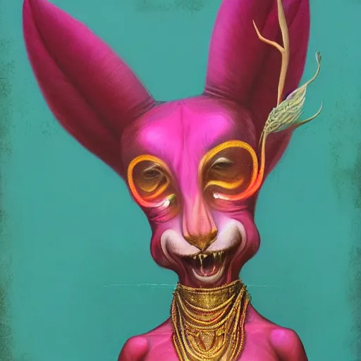 Image similar to wise old Indian guru, multiple arms, large ears, pink and gold , by Anato Finnstark, Tom Bagshaw, Brom