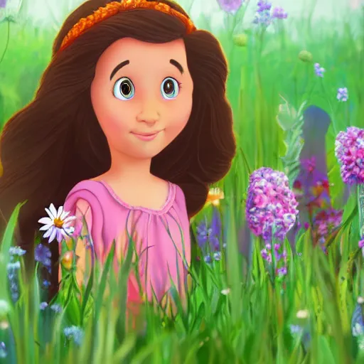 Image similar to a little girl with short wavy brown hair sits in a field of flowers in a still from a disney movie. beautiful disney cartoon character art, high quality, detailed face