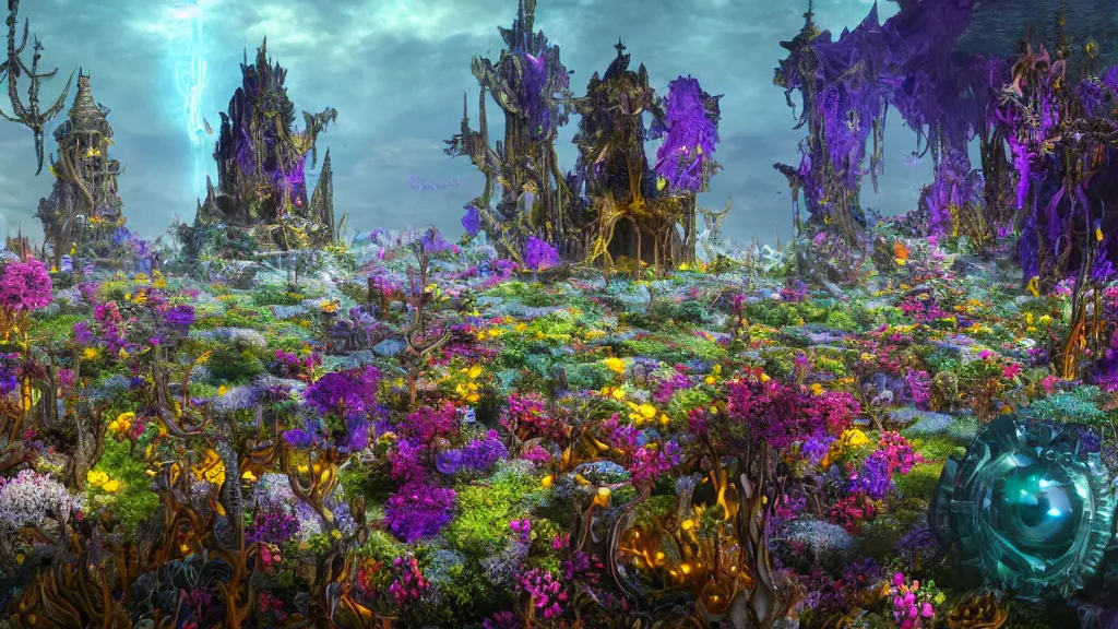 Image similar to a centered render of intricate modular synthesizer of dargon, shining its light across a tumultuous sea of flowers, undersea animals and one gothic crystal temple by dorothea tanning and salvador dali, trending on artstation, cyber punk, soft color, unreal engine, high detailed, 8 k