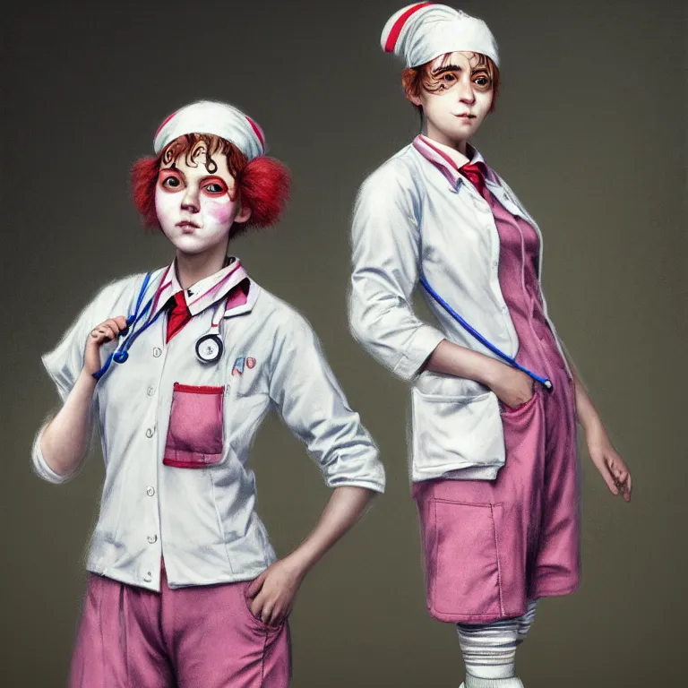 Image similar to clowncore pastel punk young hospital nurse wearing stylish uniform. detailed, portrait, 8 k, artwork by jean - baptiste monge