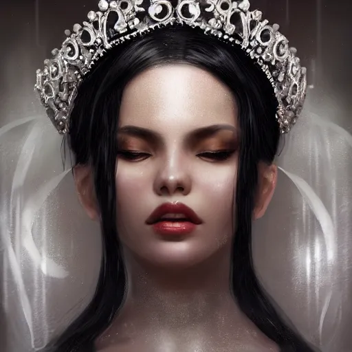 Image similar to a beautiful and elegant queen by wlop, black hair, closeup headshot, 8 k, high detailed, style of ghost blade, ultra - realistic painting, trending on artstation, cg rendering.