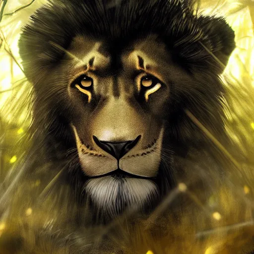 Image similar to portrait of a black lion with gold lightnings in the fur in the middle of the forest , concept art, huge scale, photorealistic, high details by Nick Nichols