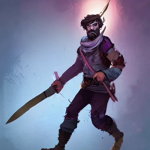 Image similar to male duergar adventurer with light purple skin, by Ismail Inceoglu, wearing leather adventuring clothes, shabby, short, wielding knife, mischievous grin, character portrait, digital art, dungeons and dragon, character