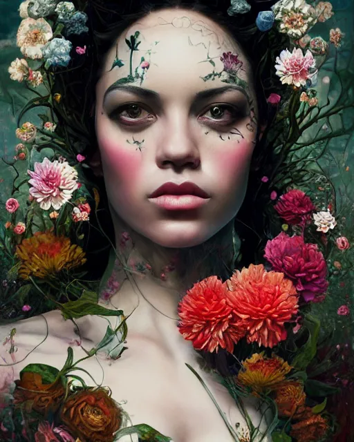 Image similar to portrait of the mulatto queen of the underworld, surrounded by flowers by karol bak, james jean, tom bagshaw, rococo, sharp focus, trending on artstation, cinematic lighting, hyper realism, octane render, 8 k, hyper detailed.