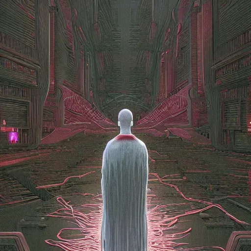 Image similar to the scene opens upon a bleeding android priest who is tending to his flock of children who are made of brilliant clear crystal, epic scope, cinematic, rule of thirds, photorealistic, hyperrealistic, 8 k, intricate detail, ultra detail, cyberpunk, superpop ultrabright, in the style of moebius, in the style of zdzisław beksinski.