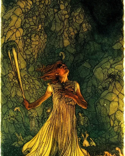 Prompt: a person conjuring!!! an image!!! from of noise!!!, by arthur rackham, maxfield parrish, and larry elmore, kodachrome colors, intricate, chaotic, fantasy realism, hopeful, volumetric lighting