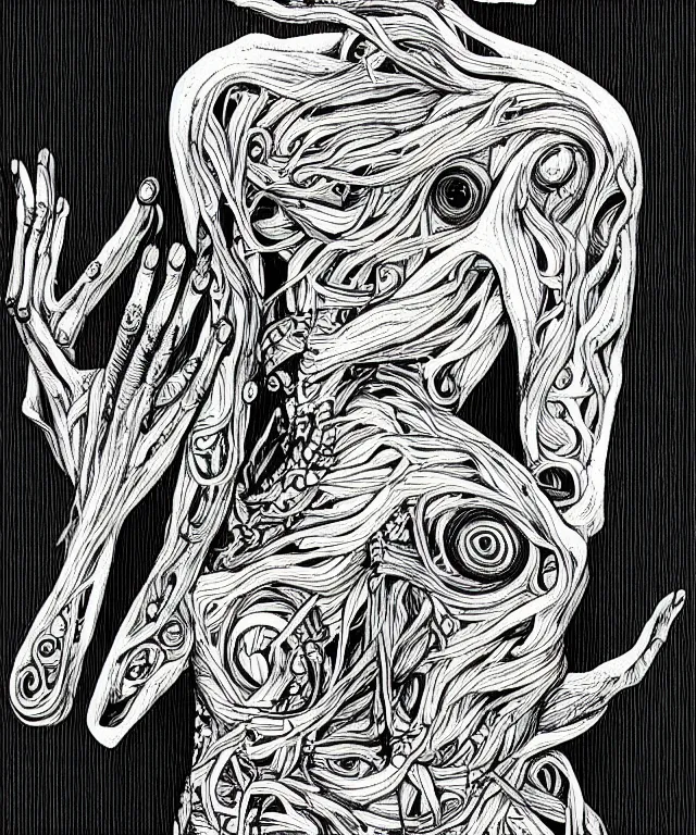 Image similar to black and white illustration, creative design, simple lines, body horror, monster