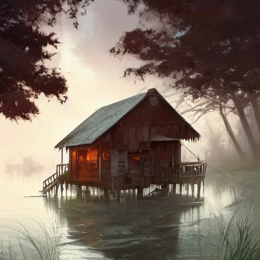 Image similar to movie scene of a old wooden dock and bait and tackle shack on a very misty day, greg rutkowski, loish, rhads, ferdinand knab, makoto shinkai and lois van baarle, artgerm, ian mcque, pixar, ilya kuvshinov, rossdraws, tom bagshaw, global illumination