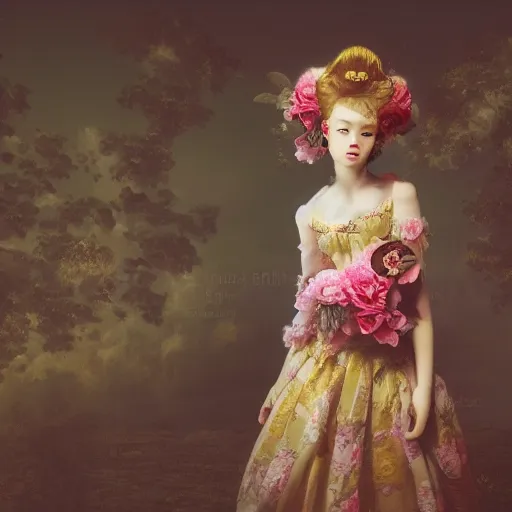 Image similar to 8k, octane render, realism, tonalism, renaissance, rococo, baroque, portrait of a young lady wearing long harajuku manga dress with flowers and skulls, background chaotic gold leaf flowers