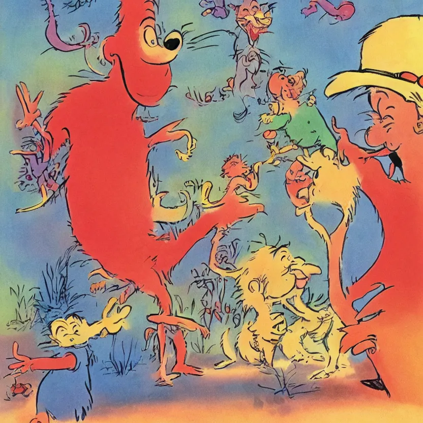Image similar to small child swung between a mommy and a daddy at a zoo, by Dr. Seuss and Don Freeman, illustration, warm colors, award winning
