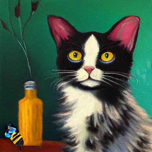 Image similar to a cat with bee's wings oil painting
