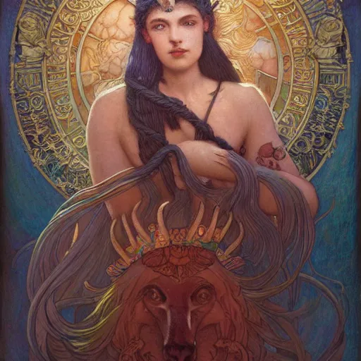 Image similar to queen of the moon with stars in her hair, by tino rodriguez and annie swynnerton and nicholas roerich and jean delville and donato giancola and tom bagshaw and evelyn demorgan and diego rivera, dramatic lighting, floral tattoos, rich colors, smooth sharp focus, extremely detailed, adolf wolfli
