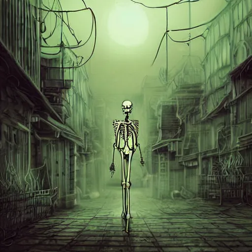 Prompt: a real anime cover for an undead foxfolk wizard with visibly skeleton jaws, a large albino peacock tail, walking through foggy city under starry skies, spooky, halloween decorations, fireflies, anime, peaceful, grainy, neon green, black, vhs, toxic biohazard aesthetic, art by yuji ikehata