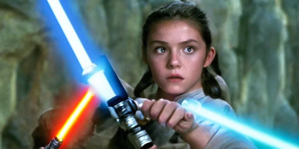 Image similar to a full color still of a teen brunette Jedi padawan holding a lightsaber hilt with laser bolts flashing by, cinematic lighting, 1999, directed by Steven Spielberg, 35mm