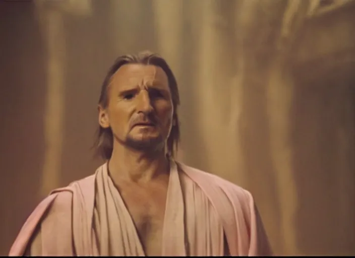 Image similar to screenshot of the force ghost spirit of qui gon jinn, in a hazy pink lit ancient Jedi cathedral, played by liam neeson portrait, screenshot from the 1970s star wars thriller directed by stanley kubrick, Photographed with Leica Summilux-M 24 mm lens, ISO 100, f/8, Portra 400, kodak film, anamorphic lenses