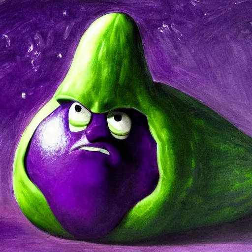 Image similar to thanos as an eggplant with eggplant features with the face of thanos, realistic, hyperrealistic, ultra realistic, real, real world, highly detailed, very detailed, extremely detailed, intricate details, 8 k resolution, hd quality