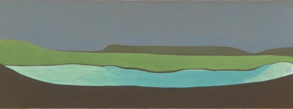 Prompt: Psychedelic sci-fi dreamworld. Landscape painting. Organic. Winding rushing water. Waves. Clouds. Landscape by Milton Avery.