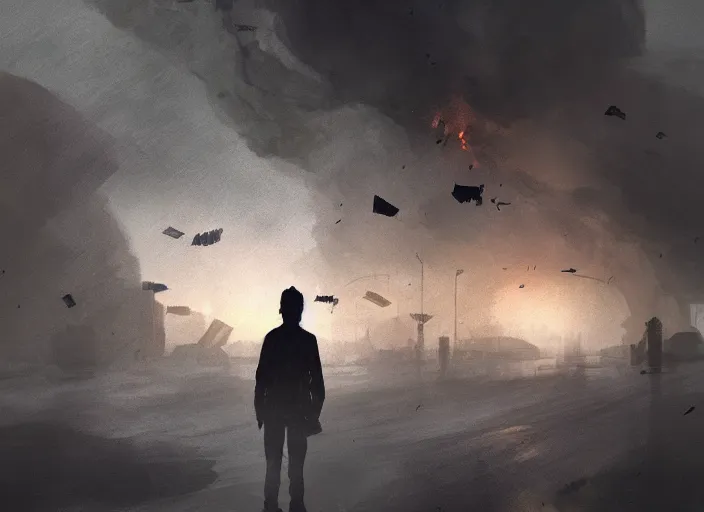 Prompt: the silhouette of a sad man looks at the destroyed and burning world, books fly around volumetric lighting, digital painting, highly detailed, artstation, sharp focus, illustration, concept art, ruan jia, steve mccurry, amazing composition