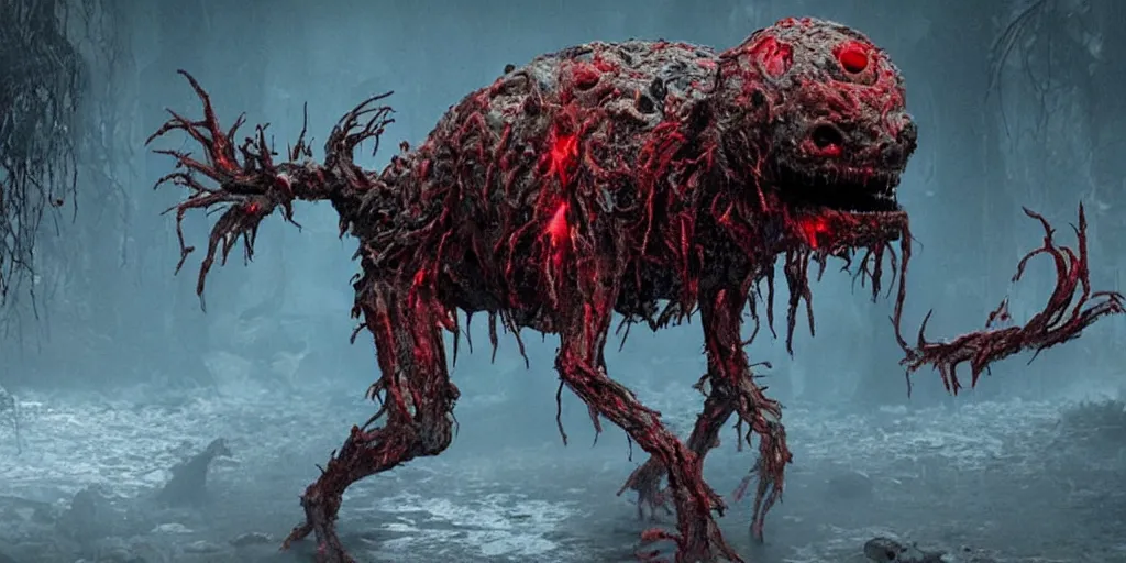 Prompt: four legged muscular creature emerges from pile of fleshy zombies, creature has red glowing eyes, photorealistic, by john carpenter, the thing, bloody, vile