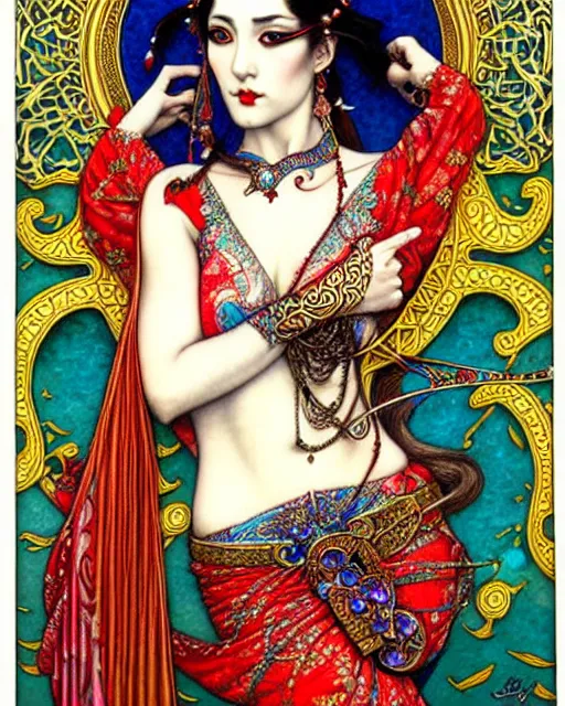 Prompt: beautiful and playful bellydancer, art nouveau, fantasy, intricate oriental designs, elegant, highly detailed, sharp focus, art by chie yoshii