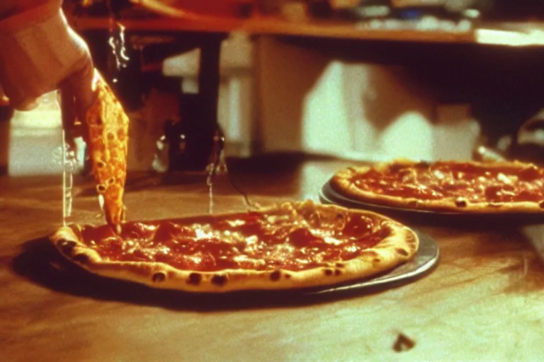 Prompt: stuffed crust pizza in cyberspace, in 1 9 8 5, y 2 k cybercore, industrial low - light photography, still from a ridley scott movie