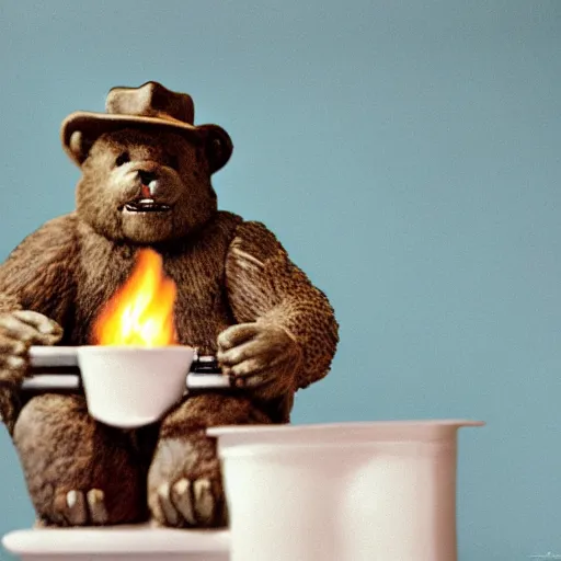 Image similar to candid photo of Smokey The Bear in the bathroom sitting on a porcelain throne, playing with fire, by Annie leibowitz, photorealisitc, extremely detailed