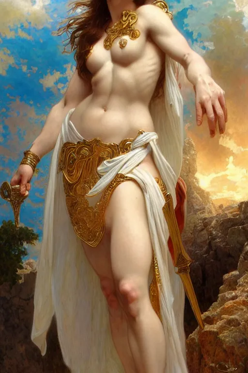 Image similar to painted portrait of aphrodite wearing armor, goddess of love, greek god, feminine, powerful, beautiful, upper body, white robe, muscular, fantasy, intricate, elegant, highly detailed, digital painting, artstation, concept art, smooth, sharp focus, illustration, art by gaston bussiere and alphonse mucha