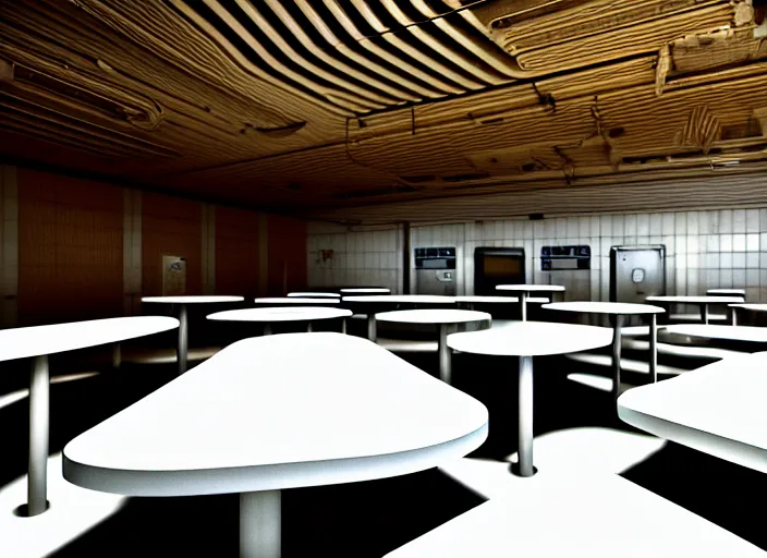 Image similar to cinematic photograph of a large white empty breakroom, retrofuturist liminal space, hundreds of old faux wood tables, crt tv mounted, trypophobia architecture, familiar place, clean, black mold, warm light, amateur, soft vintage glow, unreal engine, photorealistic, trending on artstation