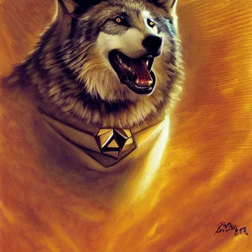 Image similar to a portrait of a wolf hyenaman canine star trek in a starfleet uniform chief engineer. highly detailed painting by gaston bussiere craig mullins jc leyendecker gustav klimt artgerm greg rutkowski furry