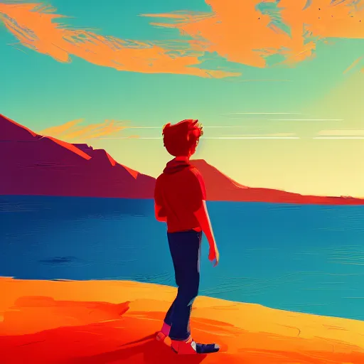 Prompt: red haired teen boy, desert in the background, vibrant colors, artstation, highly detailed, by alena aenami