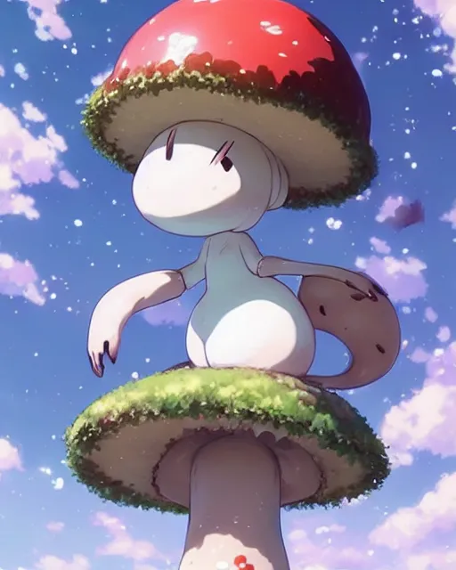 Prompt: a cute thicc mushroom creature ， by makoto shinkai an krenz cushart