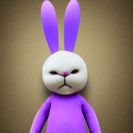 Prompt: a mascot of a purple bunny,creepy,eerie,scary,realistic