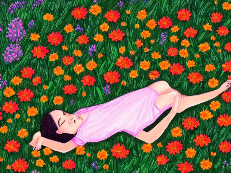 Image similar to drawing of girl laying down in the lawn full of flowers that smells like honey amongst forest with her soul connected to the nature around her. in style of maria prymachenko