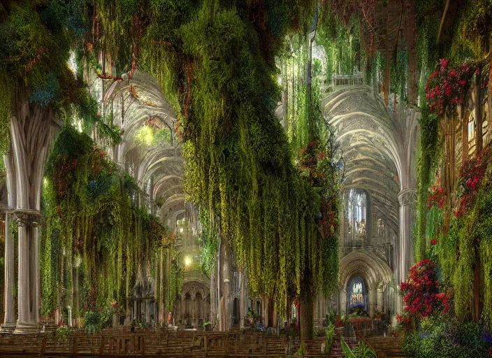 Prompt: An ultra-detailed illustration of a cathedral interior, high ceiling, overgrown with moss, colorful flowers and lush plants, vines hanging down from the tall ceiling, digital art, trending on Artstation, matte painting, detailed