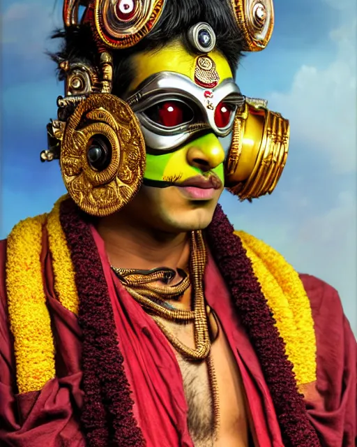 Prompt: photo of a Dramatic Kathakali male character with painted face wearing futuristic MadMax style steampunk goggles and accessories in the style of stefan kostic, full body, realistic, sharp focus, symmetric, 8k high definition, insanely detailed, intricate, elegant, art by stanley lau and artgerm, Hajime Sorayama, William-Adolphe Bouguereau