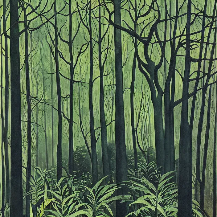 Prompt: charles burchfield art painting, beautiful arboreal forest by Adriaan Herman Gouwe