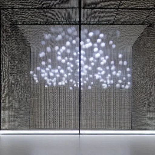 Image similar to Mercury droplets floating in free space, geometric, James Turrell, lighting, highly detailed, cinematic