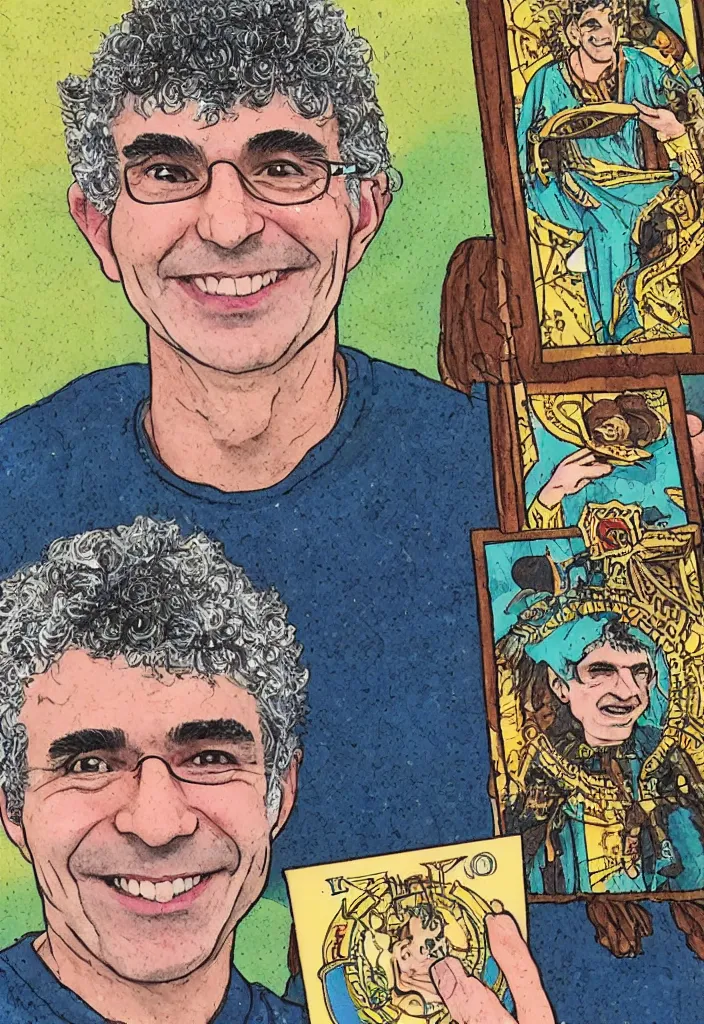 Image similar to Yoshua Bengio smiling on the Tarot card. Illustration.