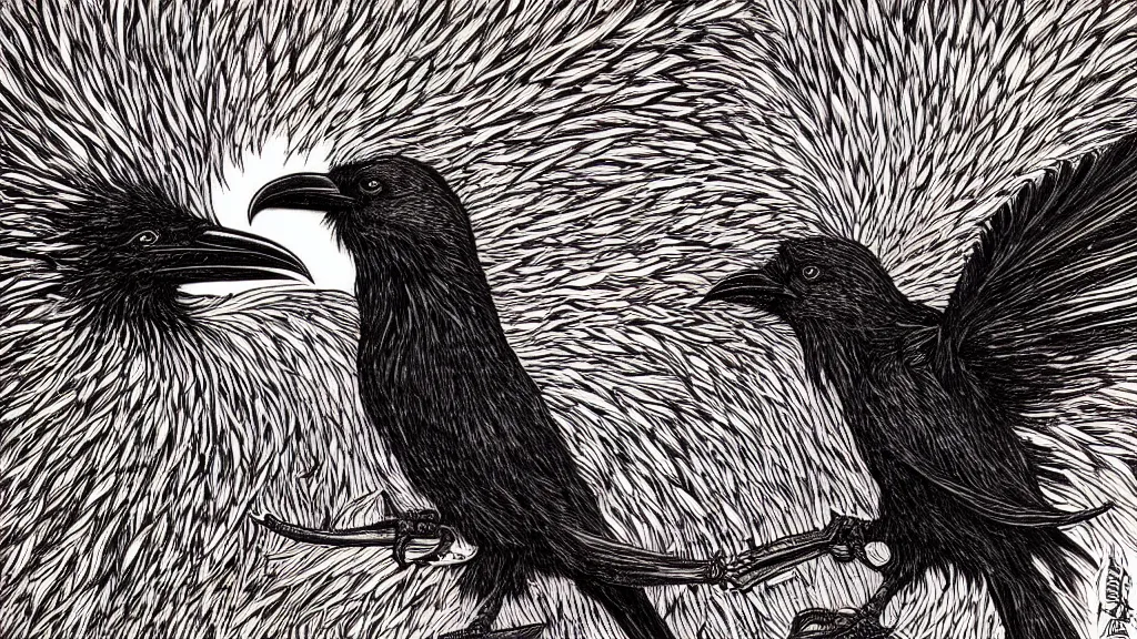 Image similar to highly detailed illustration of a crow on fire by aaron horkey