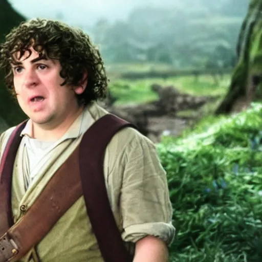 Image similar to clean shaven pudgy British lad with short curly dark brown hair as a hobbit wearing a white men's crossbody sling chest bag and blue vest, high resolution film still, movie by Peter Jackson