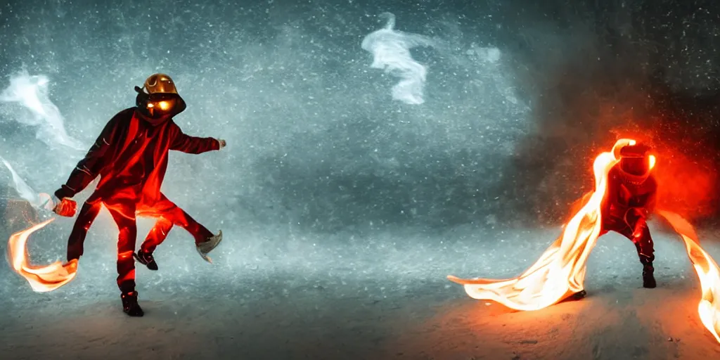 Image similar to fisheye slow motion with trail fire effect of futuristic break dancer wearing long dark cloak and golden helmet emitting fire, long exposure shot , enigmatic, at night in the middle of the arctic with red light A letter, paddle of water, steam, fog, water splashes, rim lights, glossy reflections, water droplets on lens, octane render, Volumetric dynamic lighting, stunning cover magazine, high details, hajime sorayama