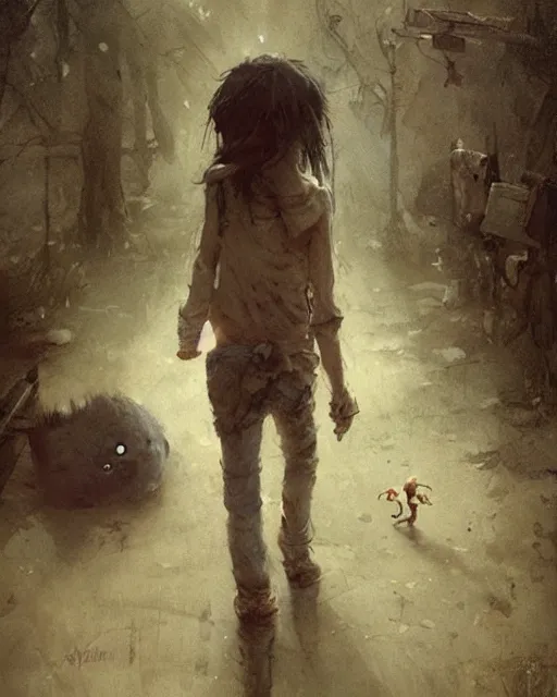 Prompt: a child zombie walking after a scared teenager by jean baptiste monge and greg rutkowski, painterly