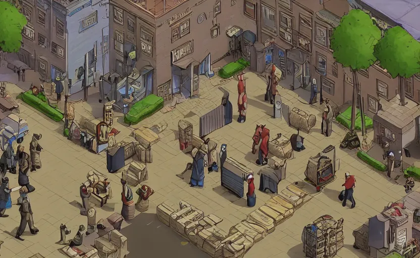 Image similar to townsmen meet a detective to present a new case outside his office building, moebius, print, game art