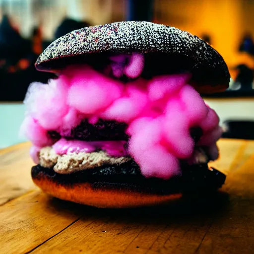 Prompt: a dramatic photo of a cotton candy burger. moody, melanchony.