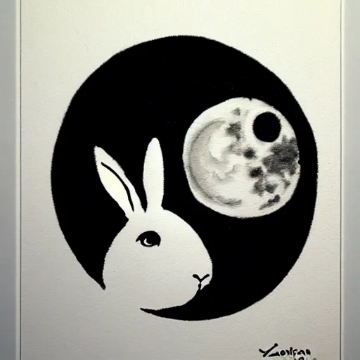 Prompt: zen, moon and rabbit, ink