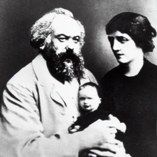 Prompt: Karl Marx and Ayn Rand holding baby, photo, 1920, hospital backround