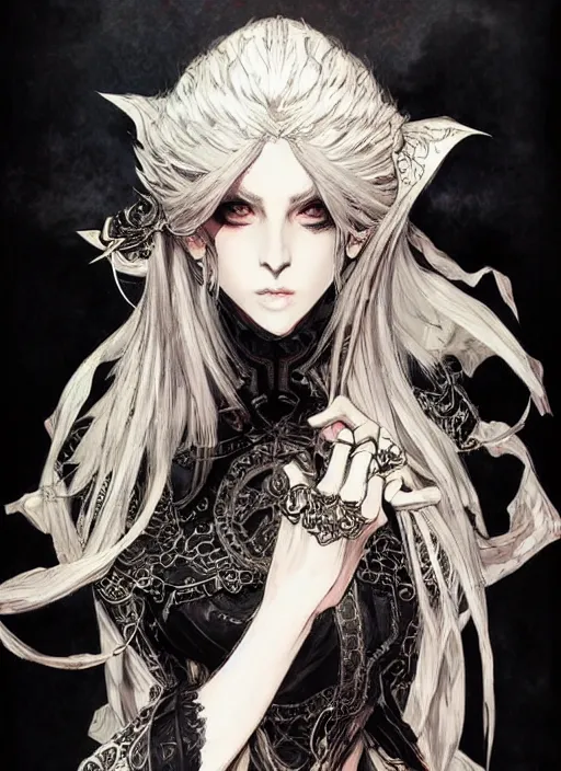 Image similar to beautiful human witch with blonde short curtly hair in intricate ornate witch robe, haughty evil look, witch hat. in style of yoji shinkawa and hyung - tae kim, trending on artstation, dark fantasy, great composition, concept art, highly detailed, dynamic pose.