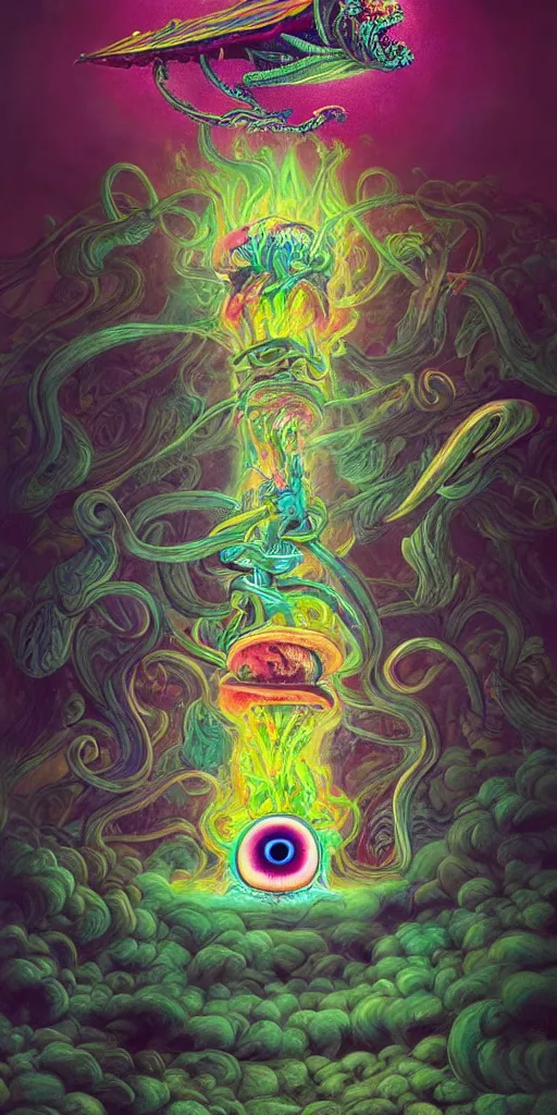 Image similar to An extremely psychedelic abstract illustration of rick griffin flying eyeball, colorful, surreal, dramatic lighting, magic mushrooms, psilocybin, LSD, detailed, intricate, elegant, highly detailed, digital painting, artstation, concept art, smooth, sharp focus, illustration, art by Krenz Cushart, greg rutkowski and zdzislaw beksinski and alphonse mucha, unreal engine 5 render, 8k