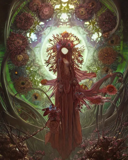 Image similar to the platonic ideal of flowers, rotting, insects and praying of cletus kasady carnage davinci dementor wild hunt chtulu mandelbulb mandala ponyo the witcher, d & d, fantasy, ego death, decay, dmt, psilocybin, concept art by randy vargas and greg rutkowski and ruan jia and alphonse mucha