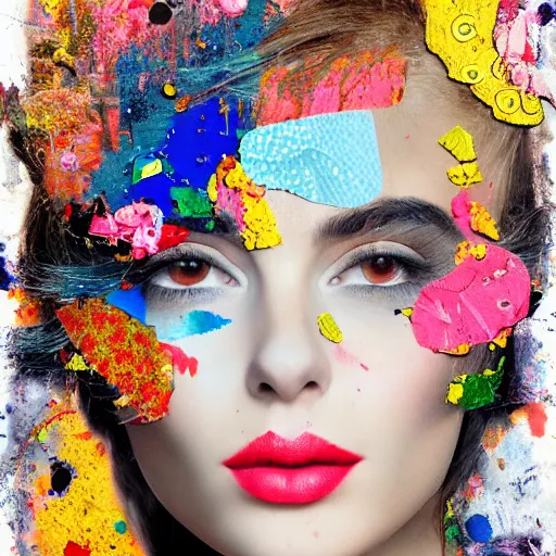 Image similar to a portrait of a young beauty constructed from collage, stickers, drop shadow, layered composition, layers, texture, mcu, highly textured, layered, sculpted, dynamic, splatter, splash, acrylic, mixed media